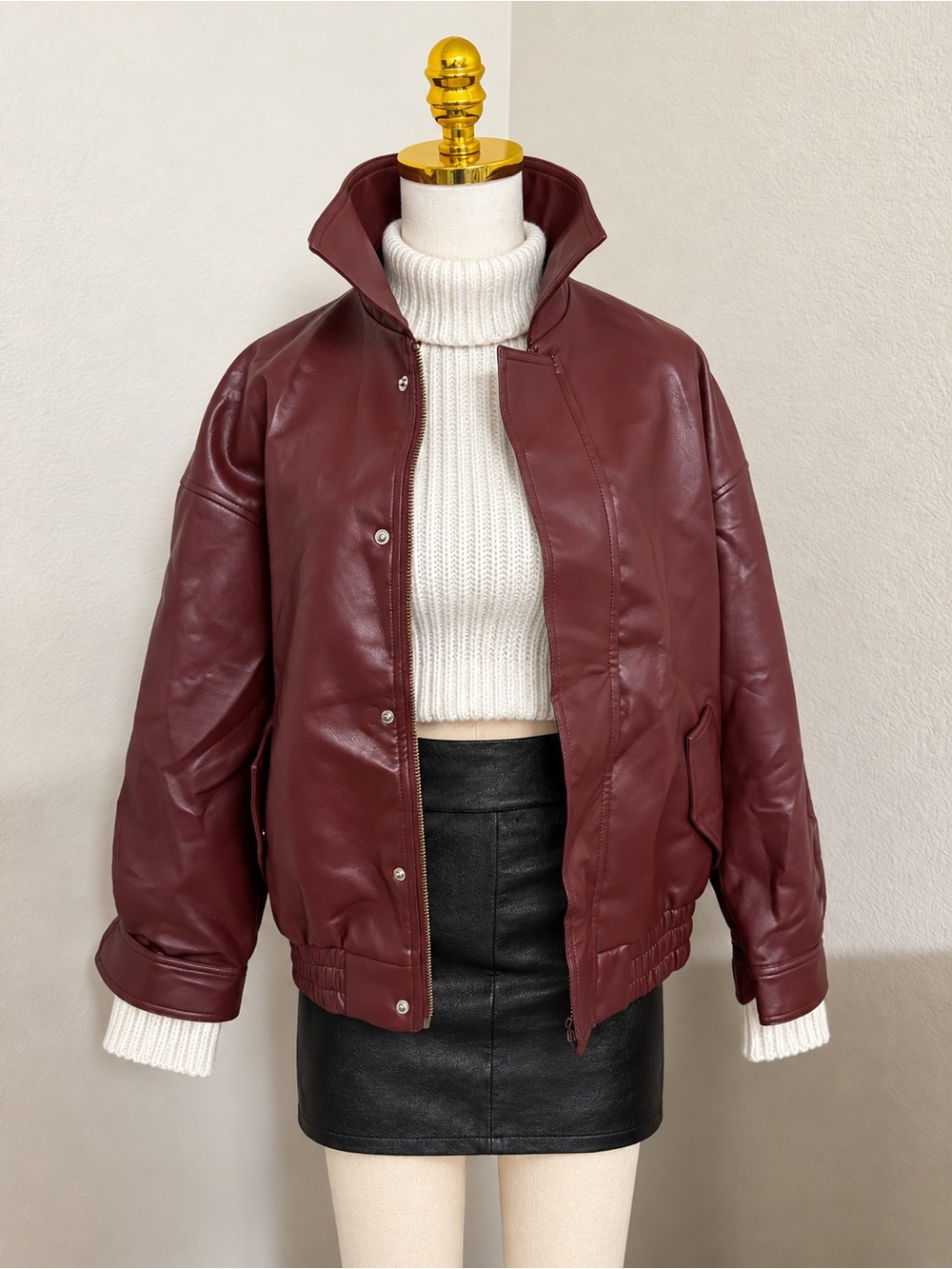 Women's Burgundy Leather Bomber Jacket with High Collar